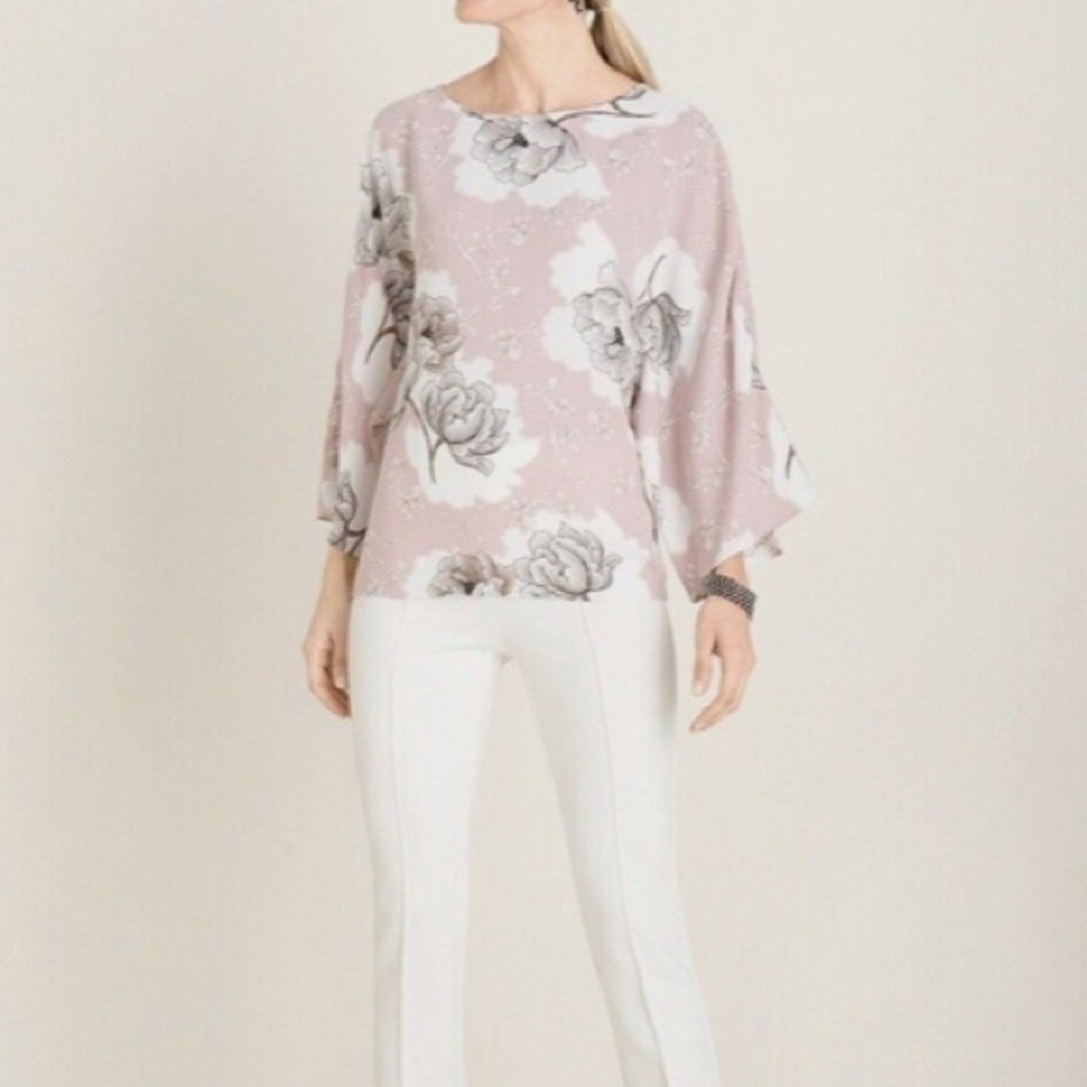 Chico’s Floral Satin 3/4-Inch-Sleeve Blouse ~ Size 3 (16/18) ~ Baby Pink, White